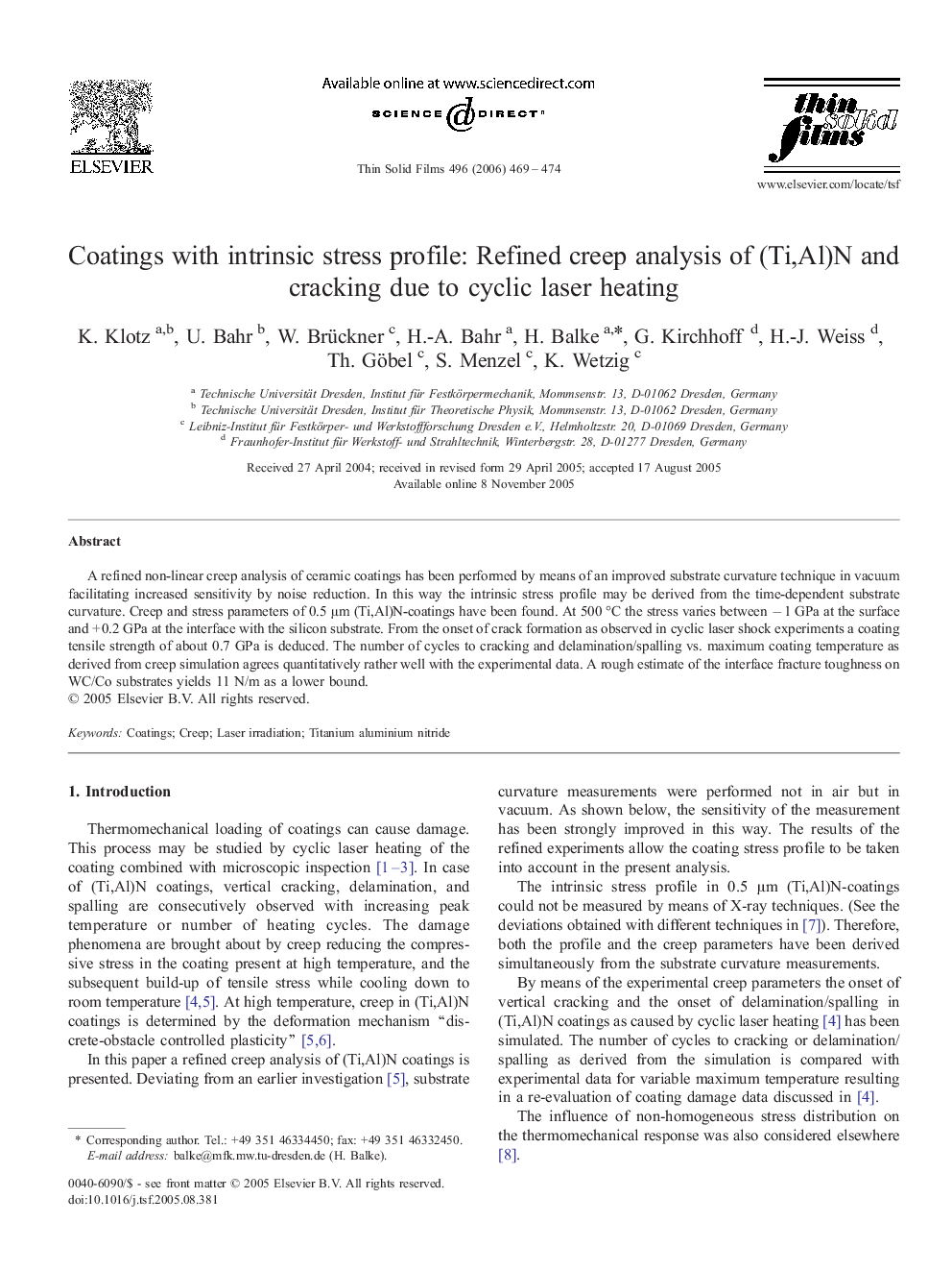 Coatings with intrinsic stress profile: Refined creep analysis of (Ti,Al)N and cracking due to cyclic laser heating