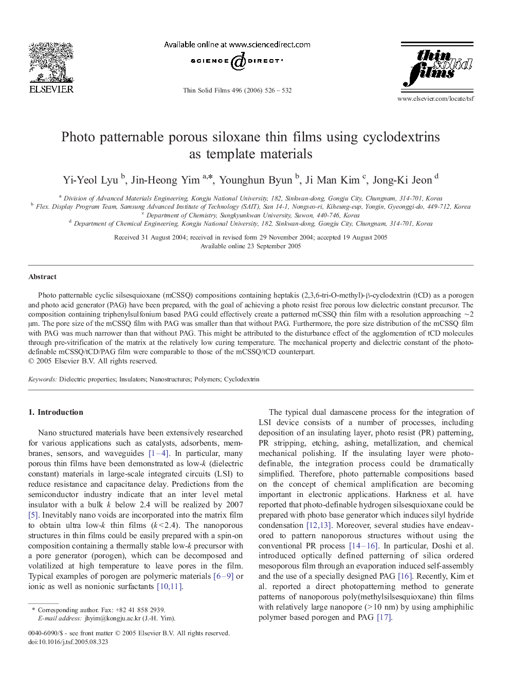 Photo patternable porous siloxane thin films using cyclodextrins as template materials