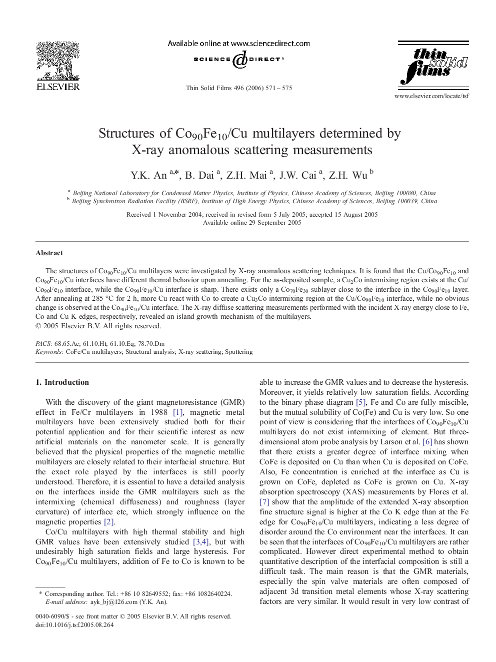 Structures of Co90Fe10/Cu multilayers determined by X-ray anomalous scattering measurements