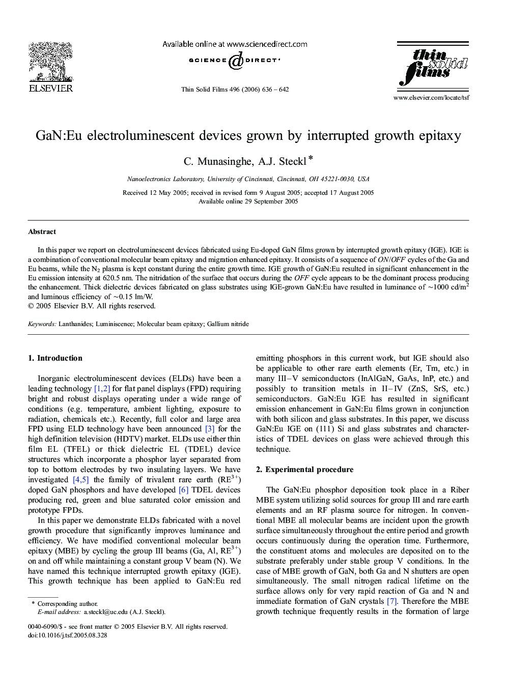 GaN:Eu electroluminescent devices grown by interrupted growth epitaxy