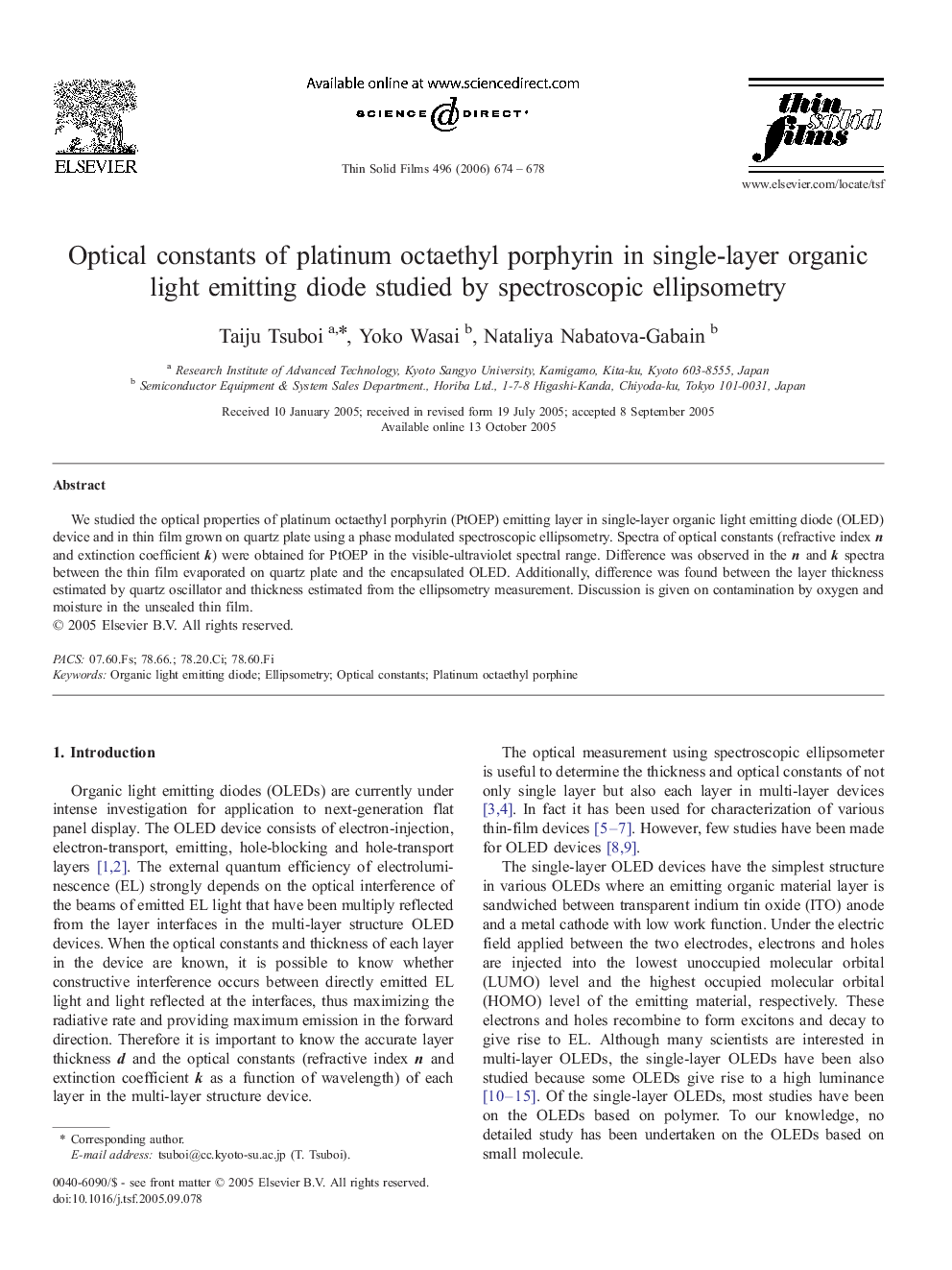 Optical constants of platinum octaethyl porphyrin in single-layer organic light emitting diode studied by spectroscopic ellipsometry