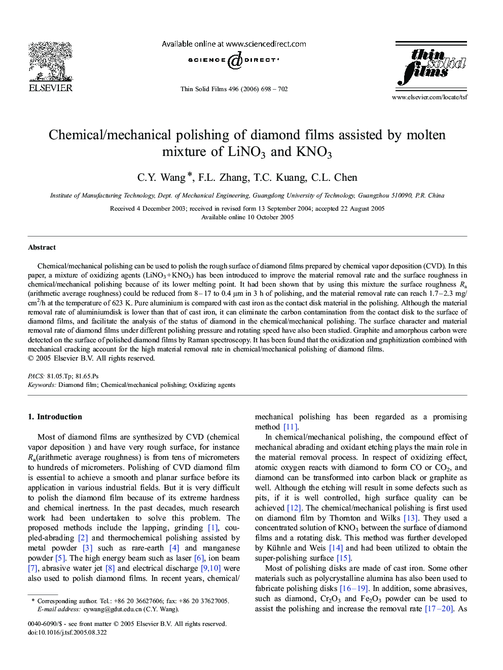 Chemical/mechanical polishing of diamond films assisted by molten mixture of LiNO3 and KNO3