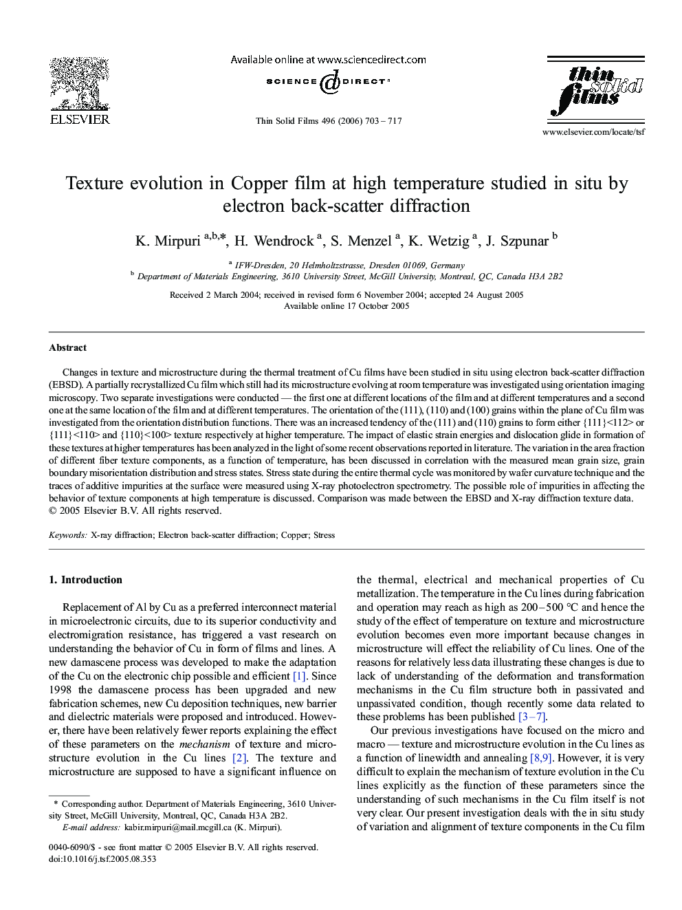 Texture evolution in Copper film at high temperature studied in situ by electron back-scatter diffraction