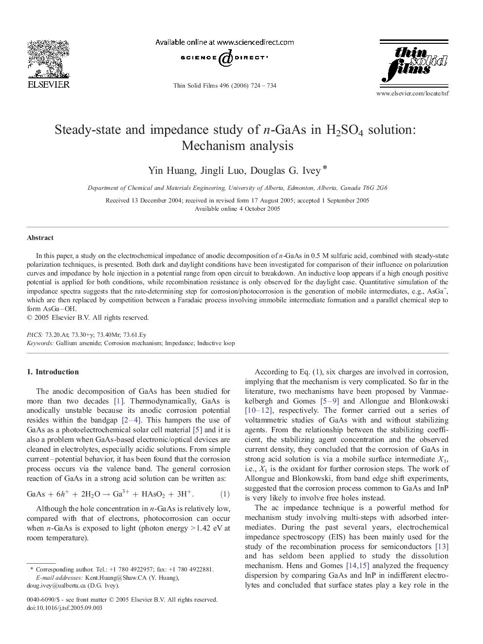 Steady-state and impedance study of n-GaAs in H2SO4 solution: Mechanism analysis