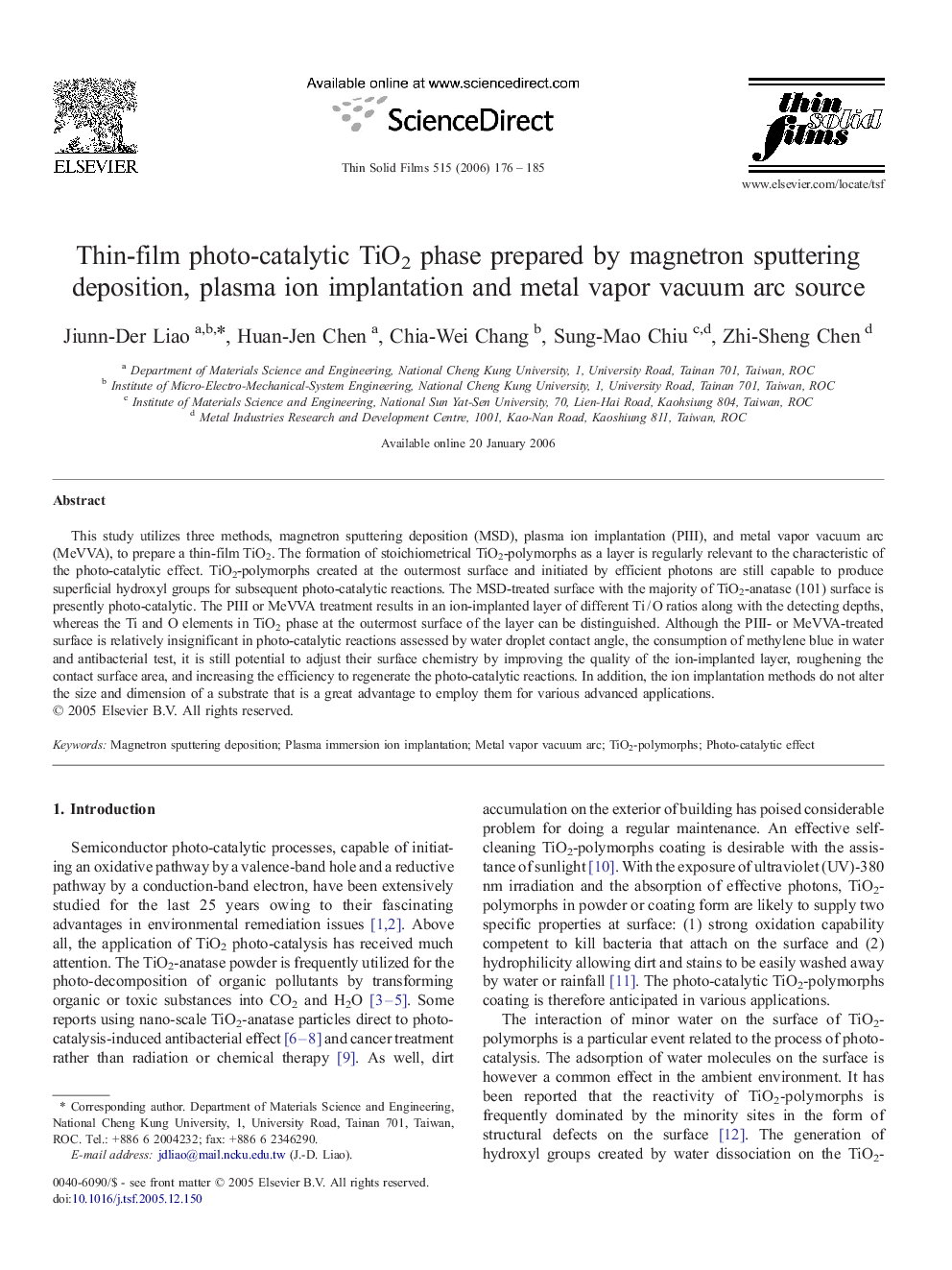 Thin-film photo-catalytic TiO2 phase prepared by magnetron sputtering deposition, plasma ion implantation and metal vapor vacuum arc source