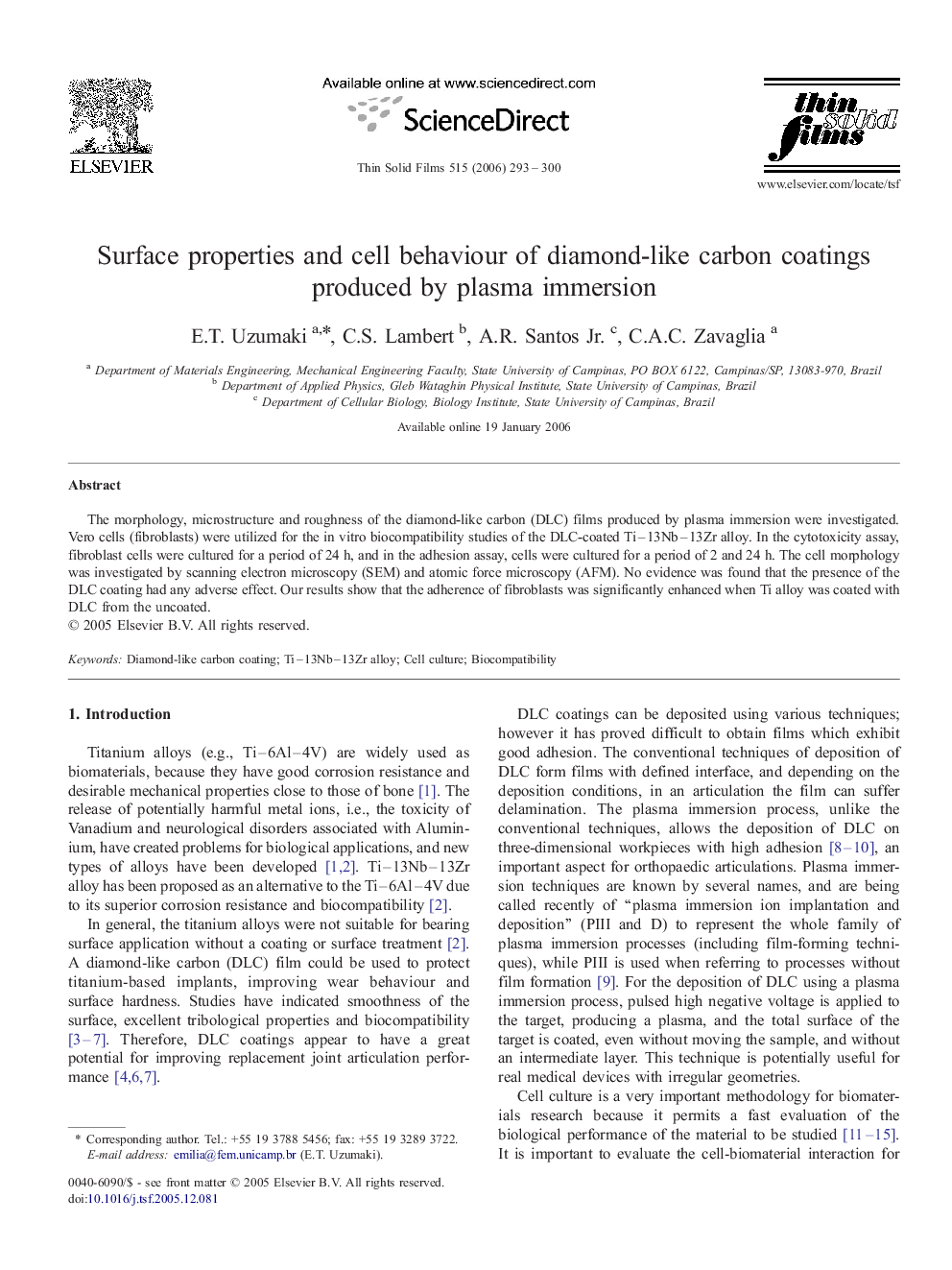 Surface properties and cell behaviour of diamond-like carbon coatings produced by plasma immersion