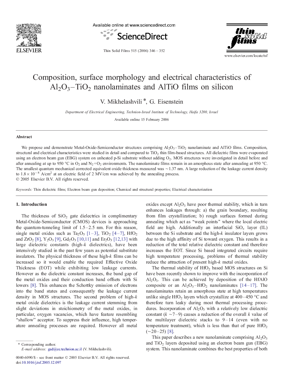 Composition, surface morphology and electrical characteristics of Al2O3–TiO2 nanolaminates and AlTiO films on silicon