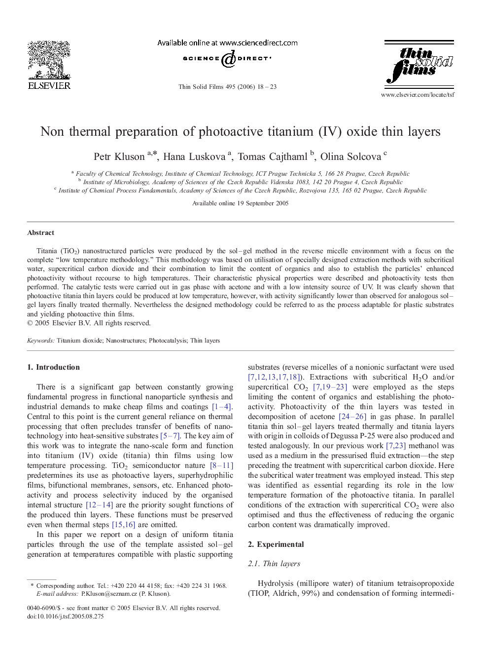 Non thermal preparation of photoactive titanium (IV) oxide thin layers