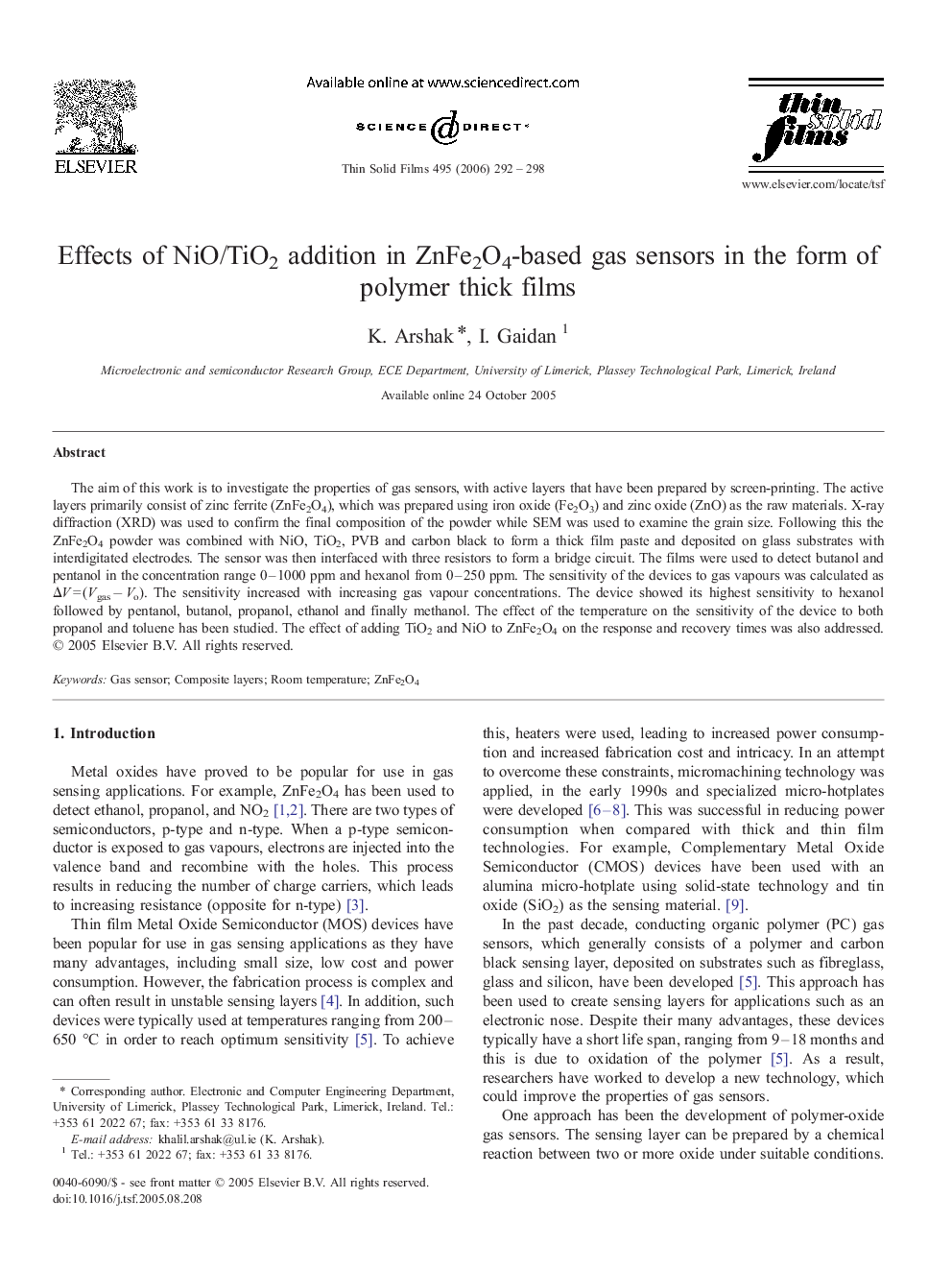 Effects of NiO/TiO2 addition in ZnFe2O4-based gas sensors in the form of polymer thick films