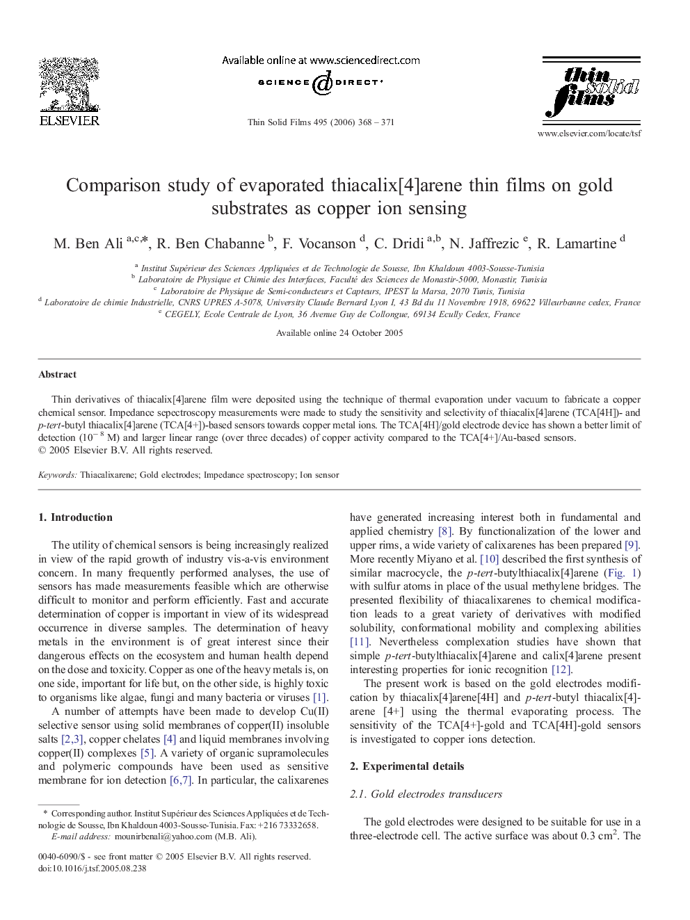 Comparison study of evaporated thiacalix[4]arene thin films on gold substrates as copper ion sensing