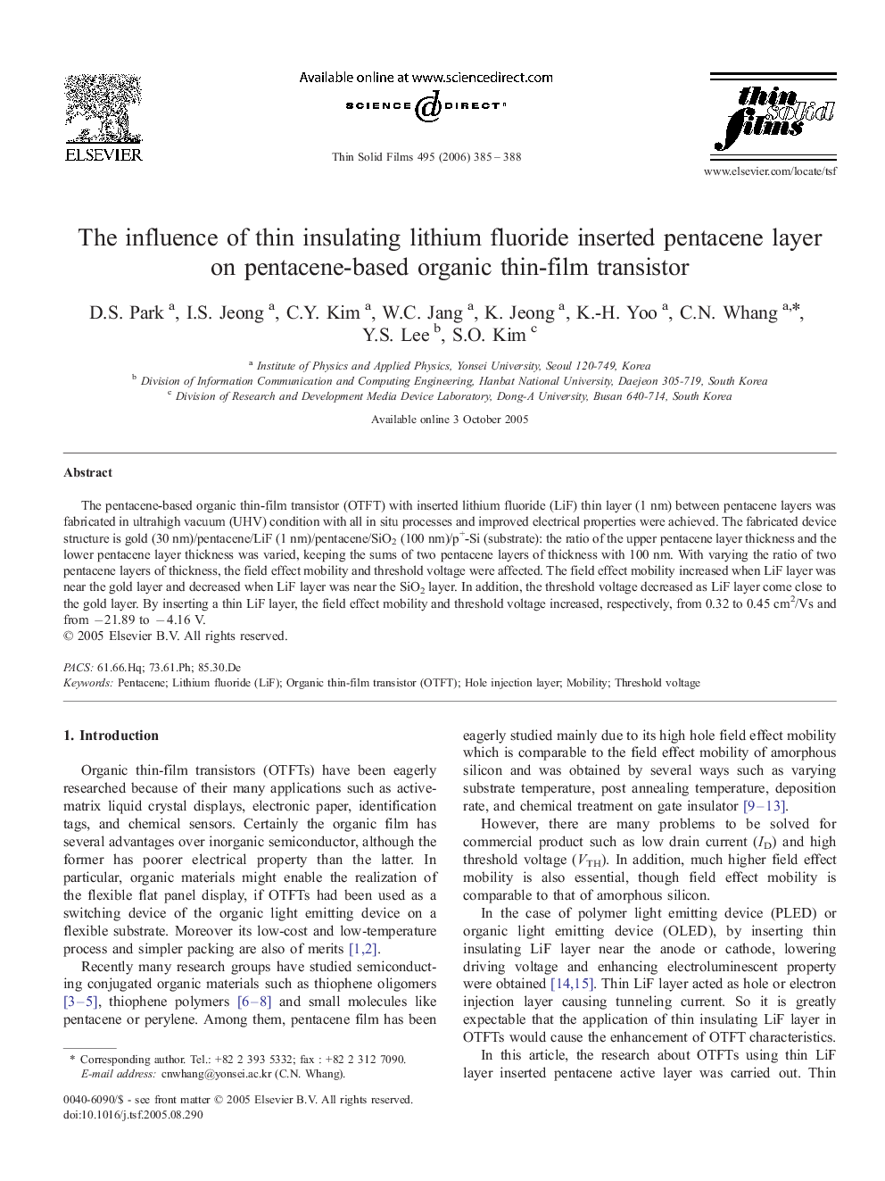 The influence of thin insulating lithium fluoride inserted pentacene layer on pentacene-based organic thin-film transistor