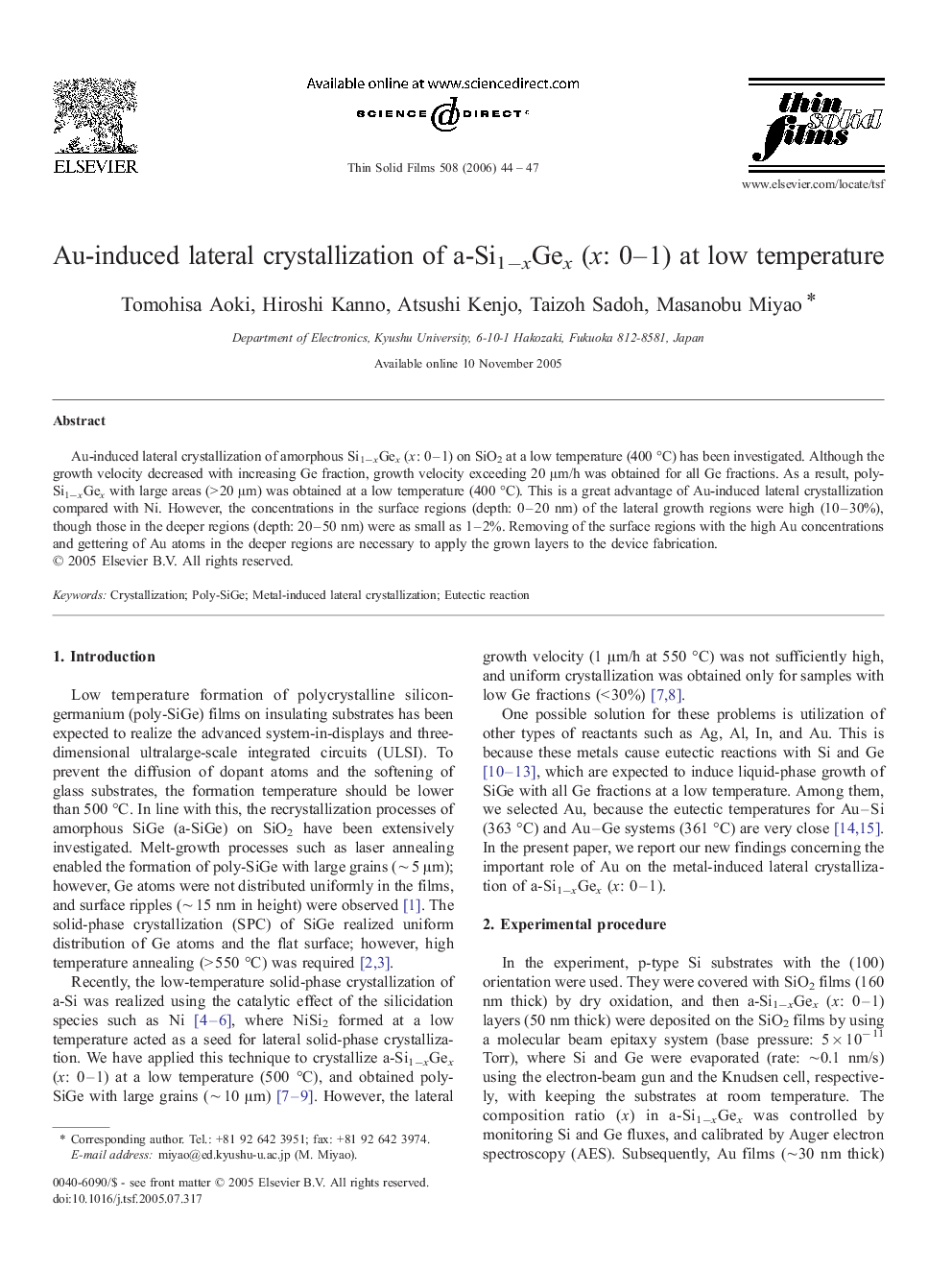 Au-induced lateral crystallization of a-Si1âxGex (x: 0-1) at low temperature