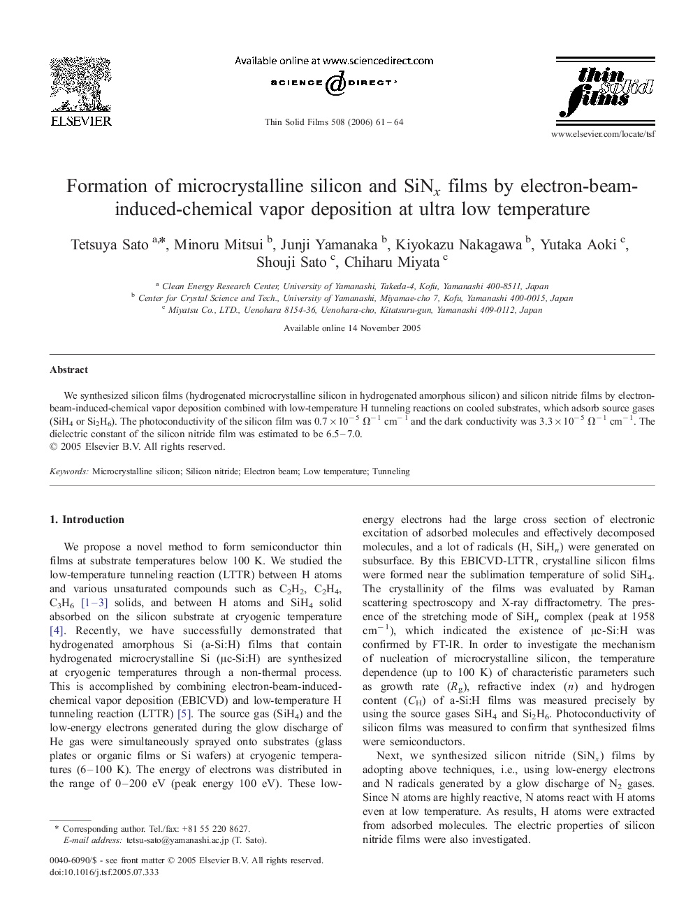 Formation of microcrystalline silicon and SiNx films by electron-beam-induced-chemical vapor deposition at ultra low temperature