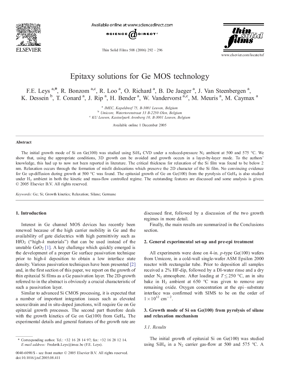 Epitaxy solutions for Ge MOS technology