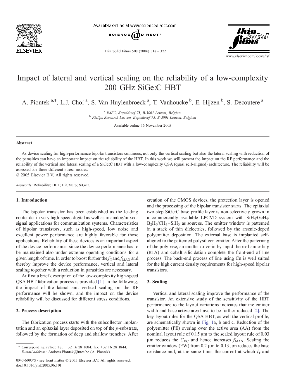 Impact of lateral and vertical scaling on the reliability of a low-complexity 200 GHz SiGe:C HBT