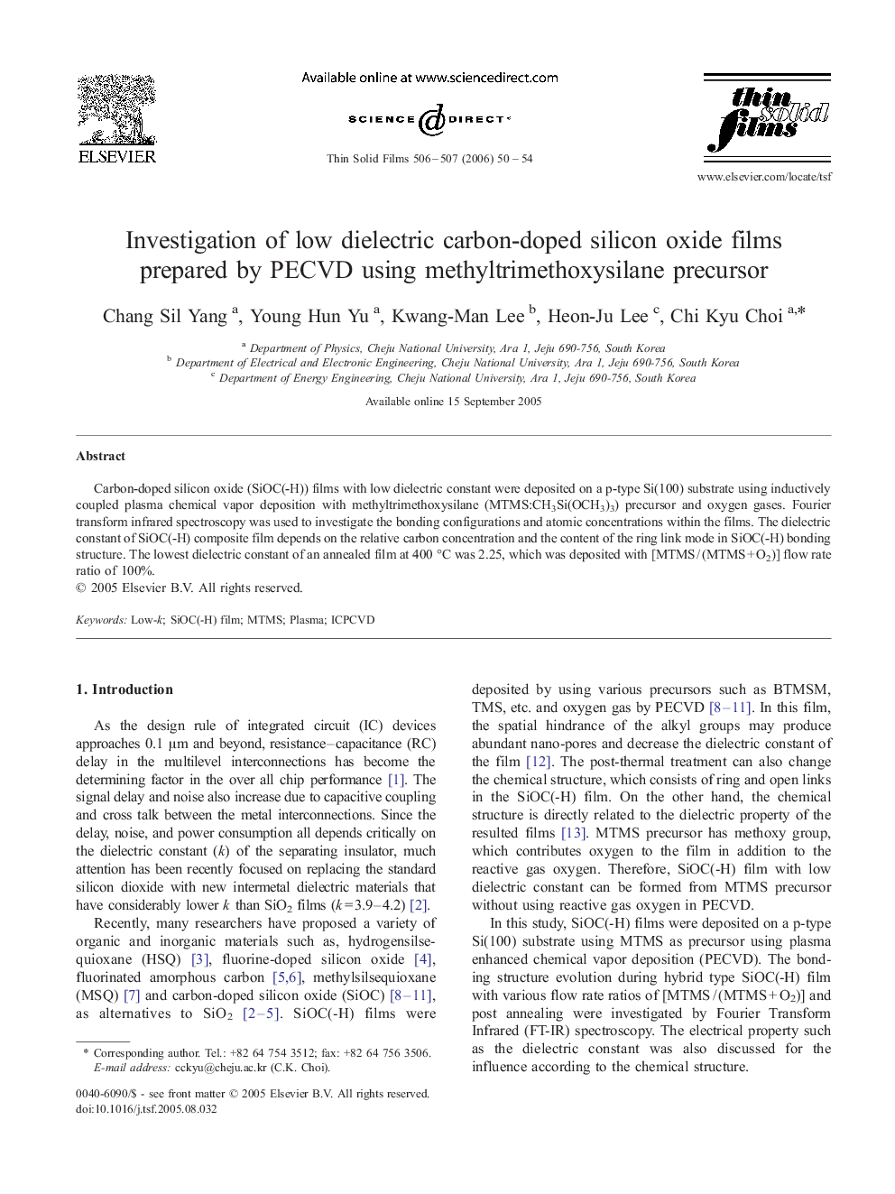 Investigation of low dielectric carbon-doped silicon oxide films prepared by PECVD using methyltrimethoxysilane precursor