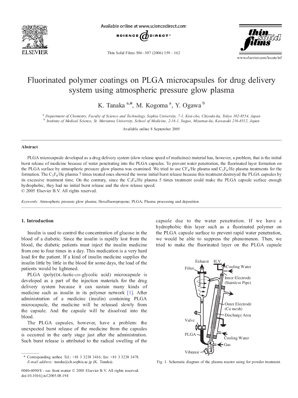 Fluorinated polymer coatings on PLGA microcapsules for drug delivery system using atmospheric pressure glow plasma