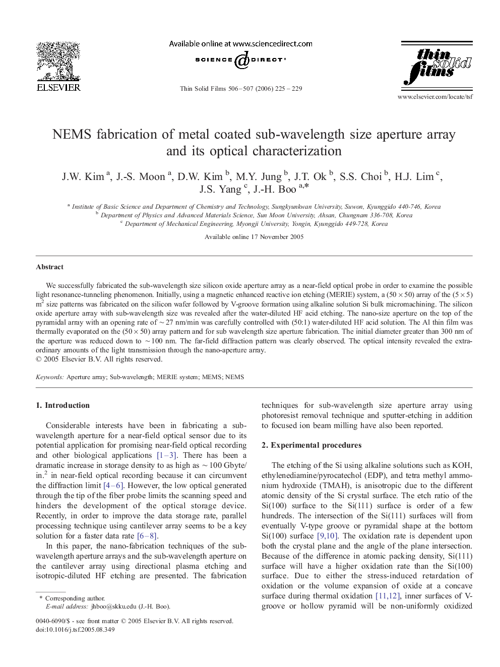 NEMS fabrication of metal coated sub-wavelength size aperture array and its optical characterization