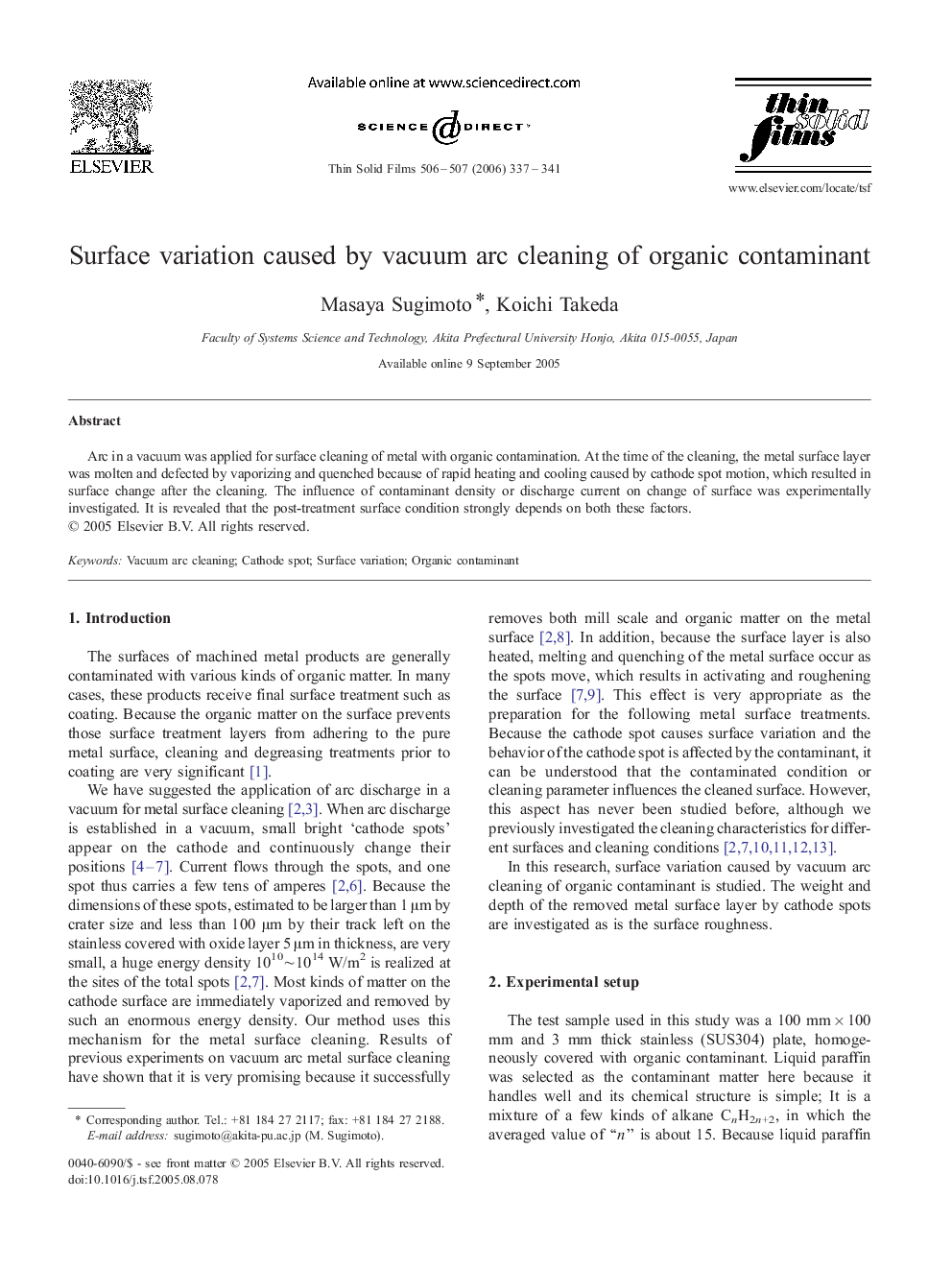 Surface variation caused by vacuum arc cleaning of organic contaminant