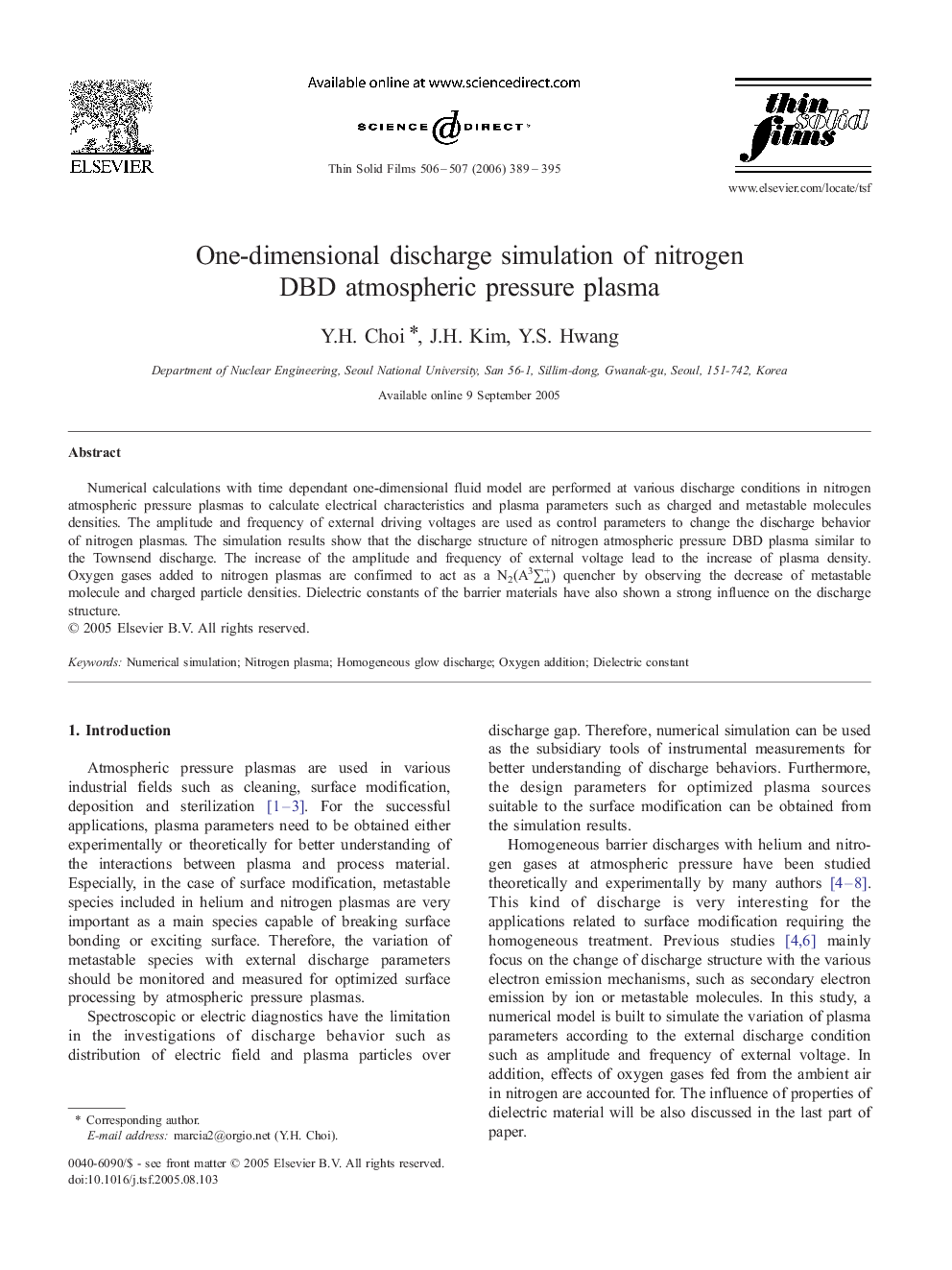 One-dimensional discharge simulation of nitrogen DBD atmospheric pressure plasma