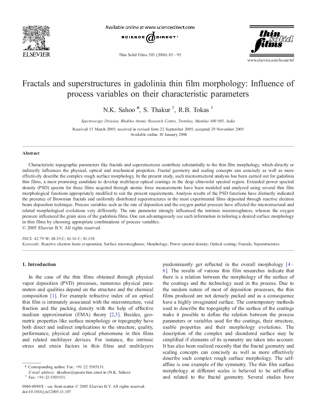 Fractals and superstructures in gadolinia thin film morphology: Influence of process variables on their characteristic parameters