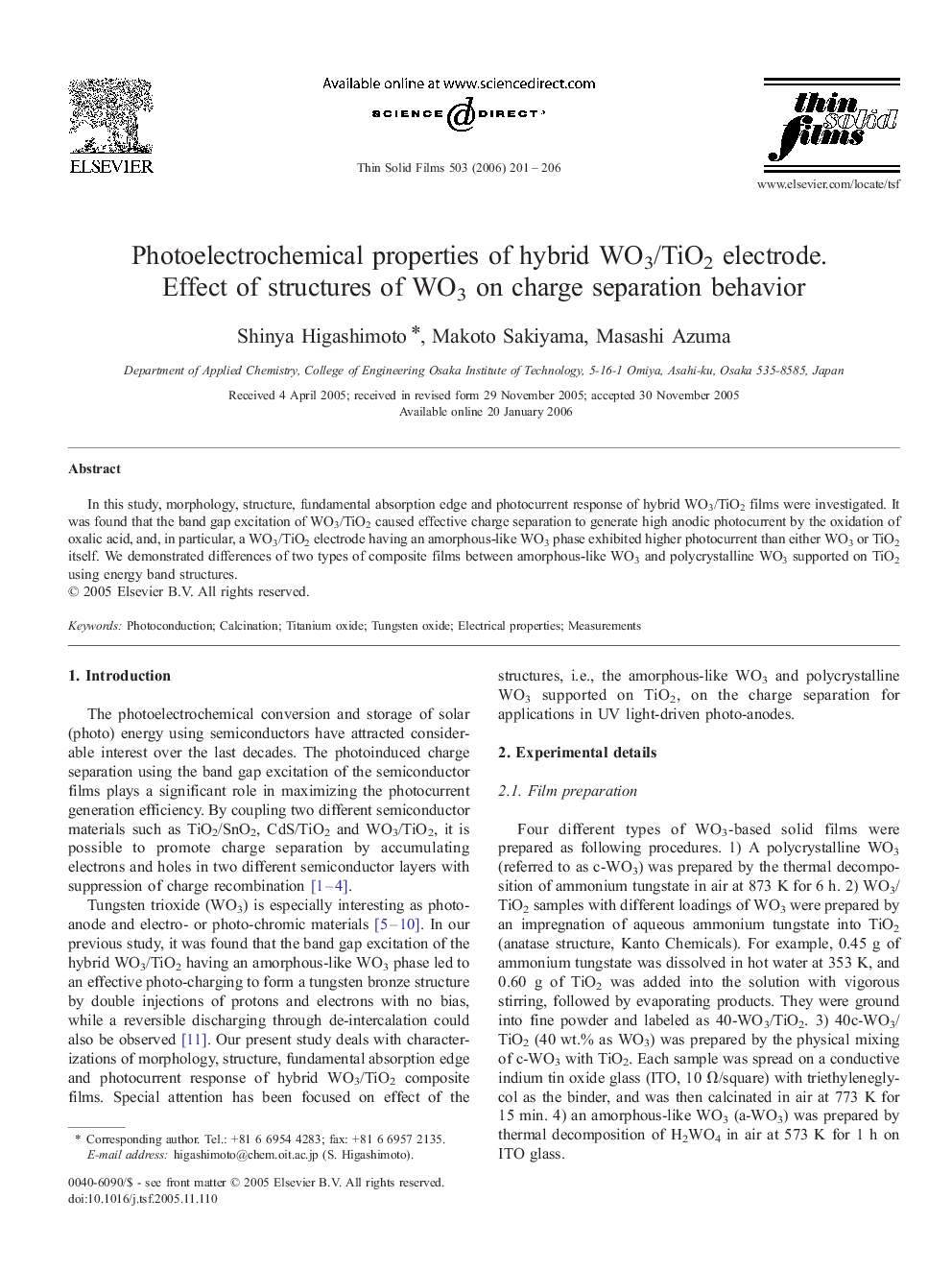 Photoelectrochemical properties of hybrid WO3/TiO2 electrode. Effect of structures of WO3 on charge separation behavior