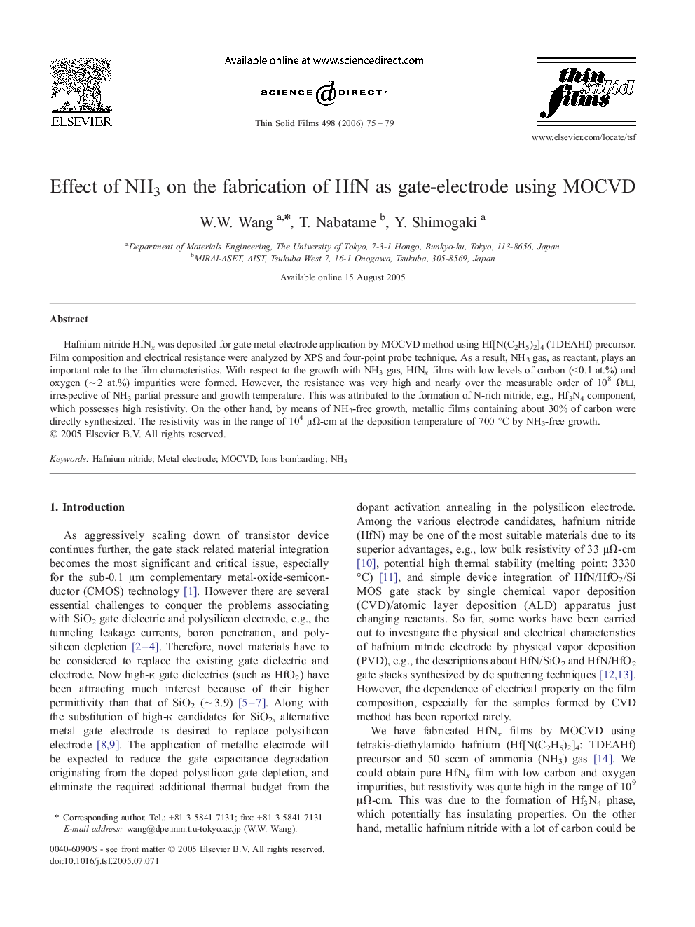 Effect of NH3 on the fabrication of HfN as gate-electrode using MOCVD