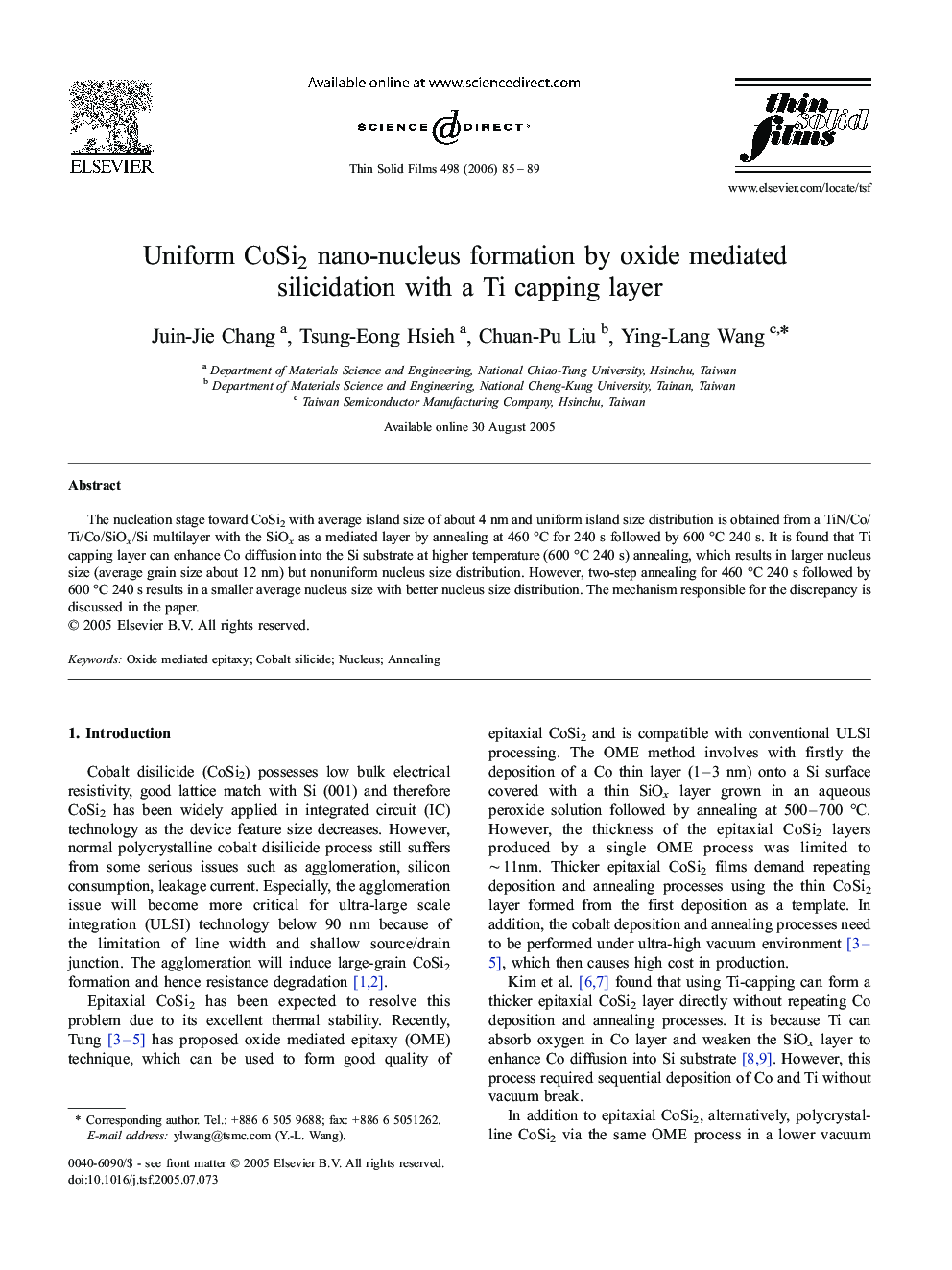 Uniform CoSi2 nano-nucleus formation by oxide mediated silicidation with a Ti capping layer