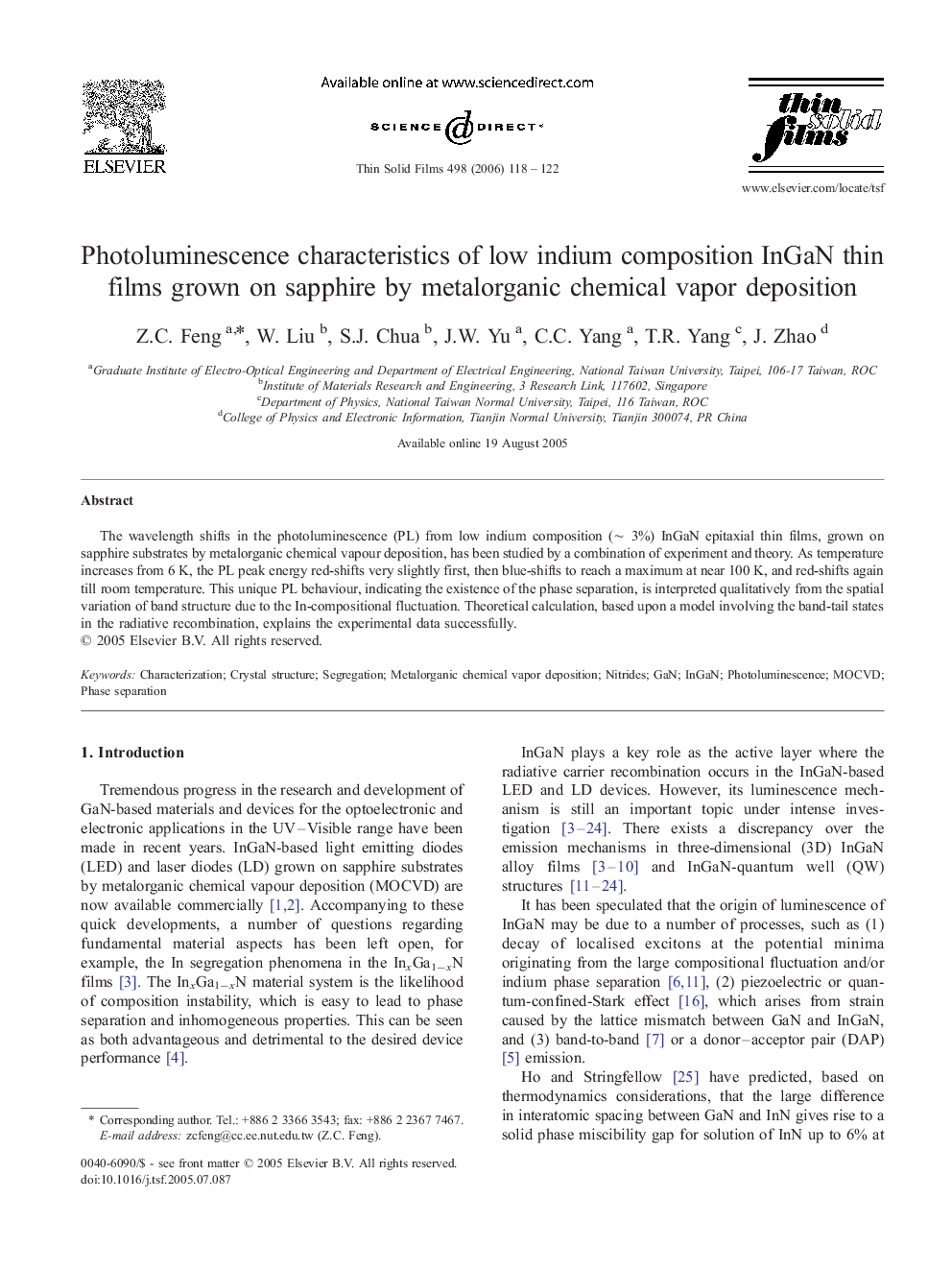 Photoluminescence characteristics of low indium composition InGaN thin films grown on sapphire by metalorganic chemical vapor deposition