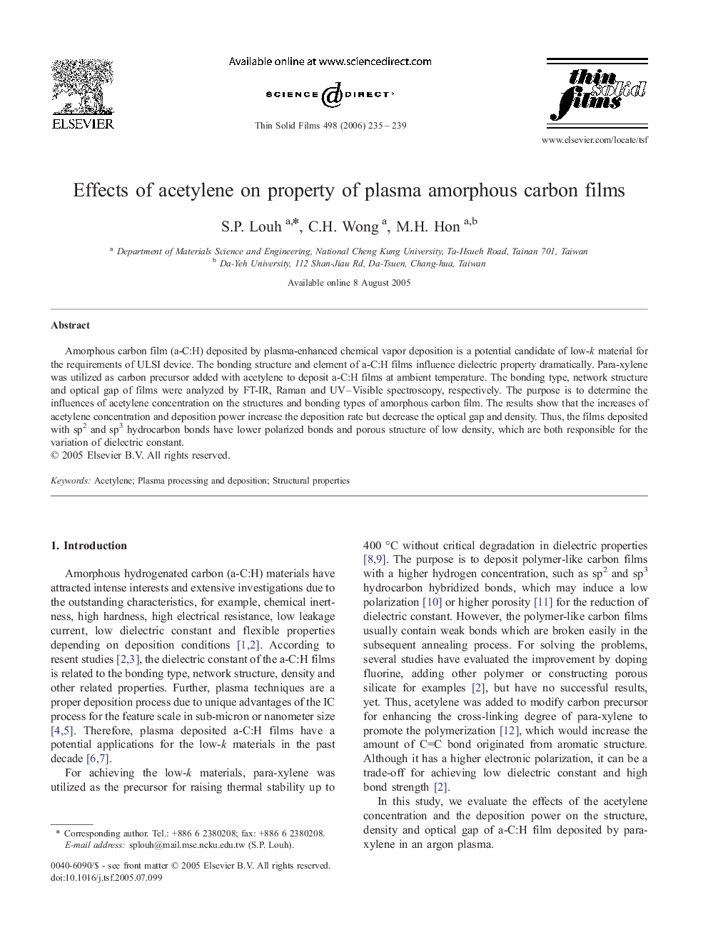 Effects of acetylene on property of plasma amorphous carbon films