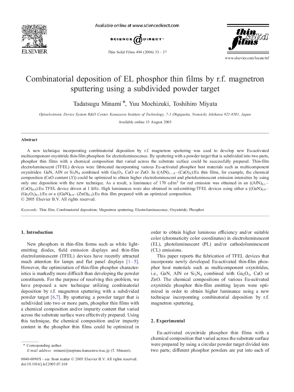 Combinatorial deposition of EL phosphor thin films by r.f. magnetron sputtering using a subdivided powder target