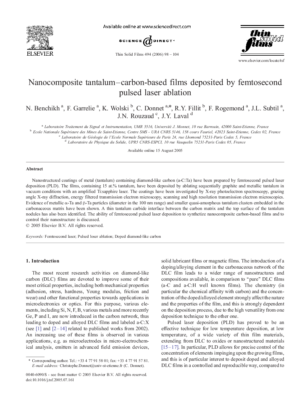 Nanocomposite tantalum–carbon-based films deposited by femtosecond pulsed laser ablation