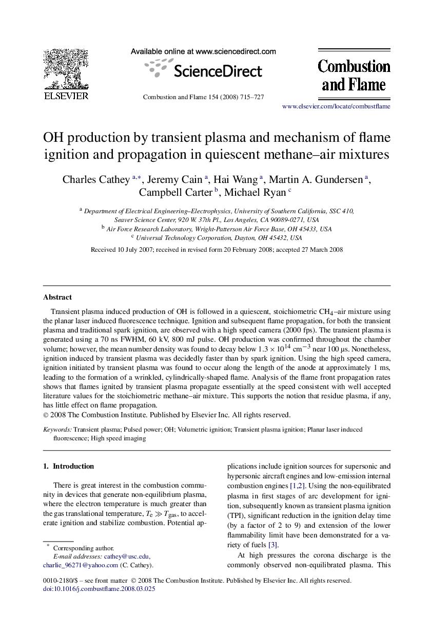 OH production by transient plasma and mechanism of flame ignition and propagation in quiescent methane–air mixtures