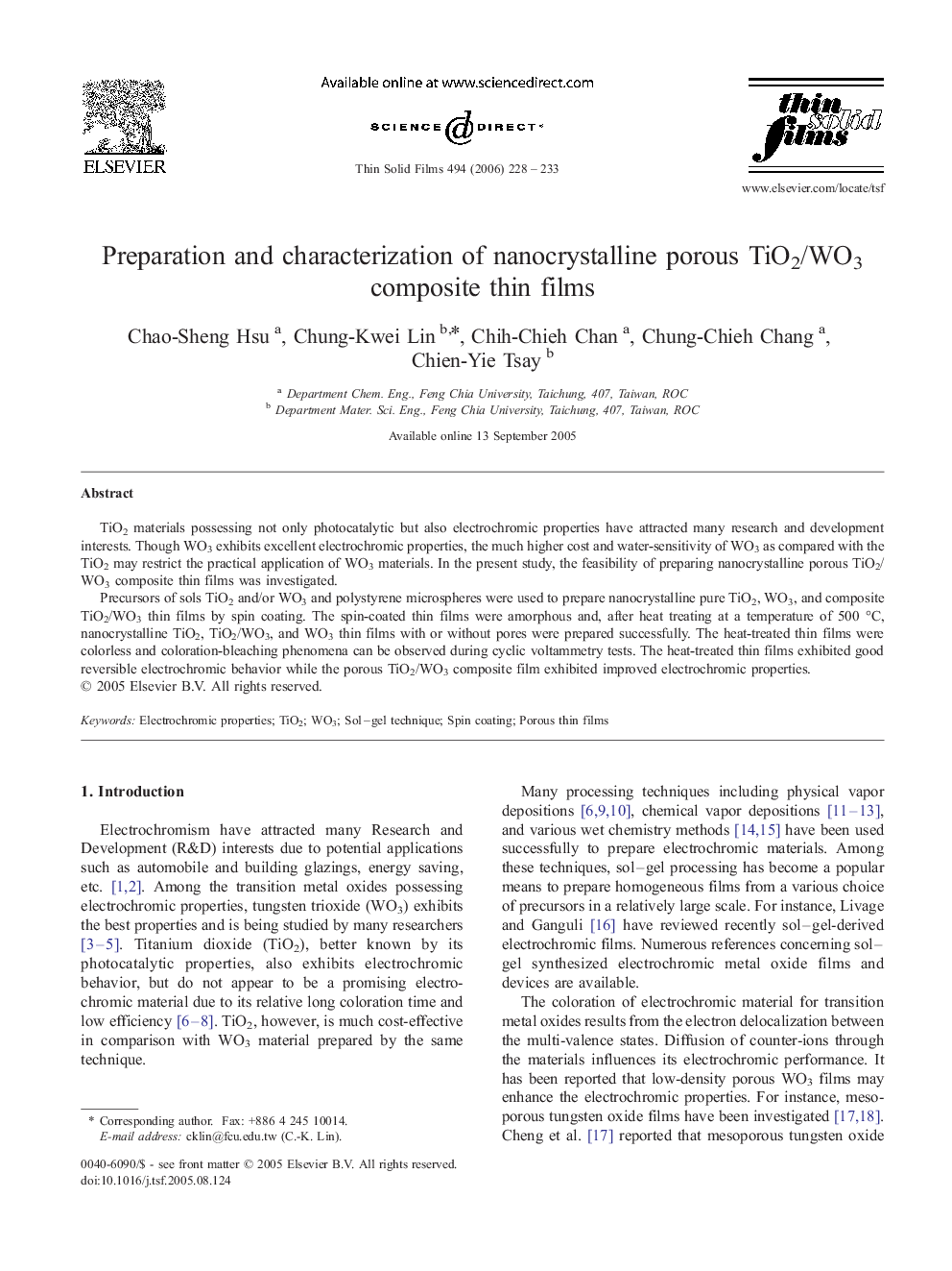 Preparation and characterization of nanocrystalline porous TiO2/WO3 composite thin films