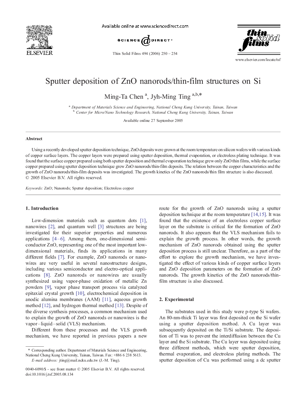 Sputter deposition of ZnO nanorods/thin-film structures on Si