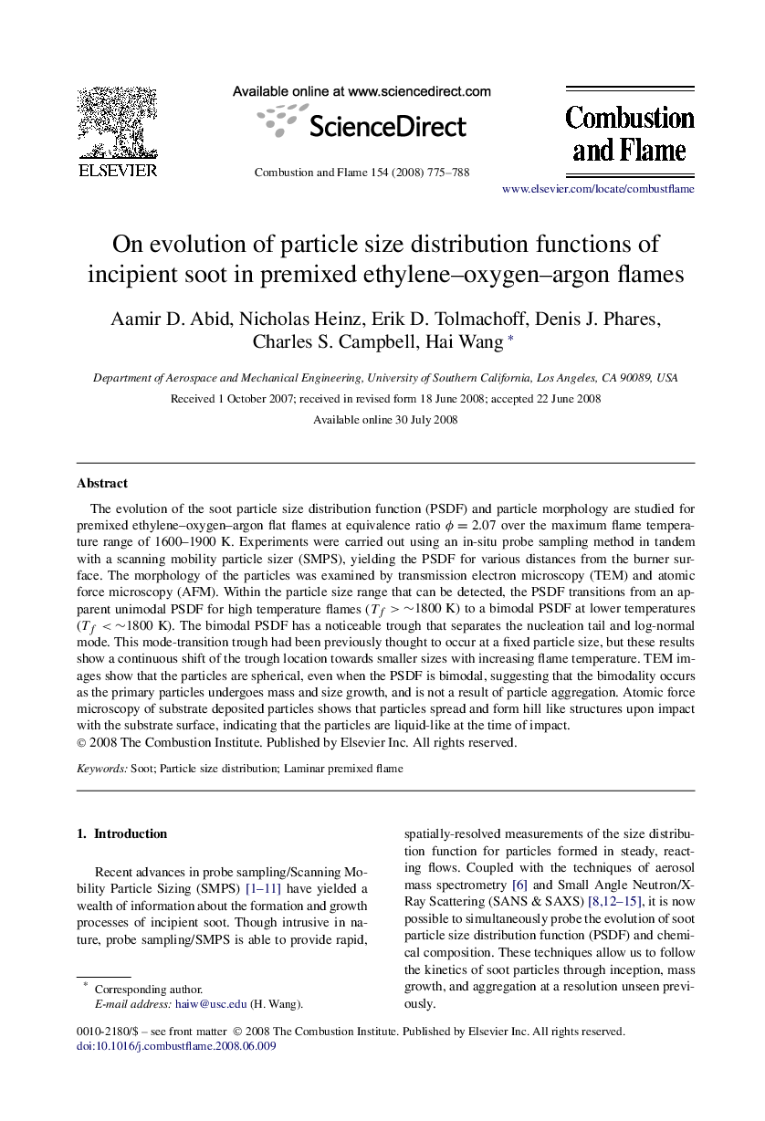 On evolution of particle size distribution functions of incipient soot in premixed ethylene–oxygen–argon flames