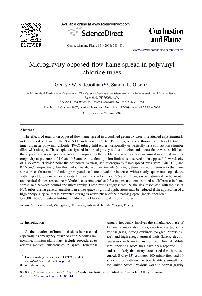 عکس صفحه اول مقاله: Microgravity opposed-flow flame spread in polyvinyl chloride tubes Microgravity opposed-flow flame spread in polyvinyl chloride tubes