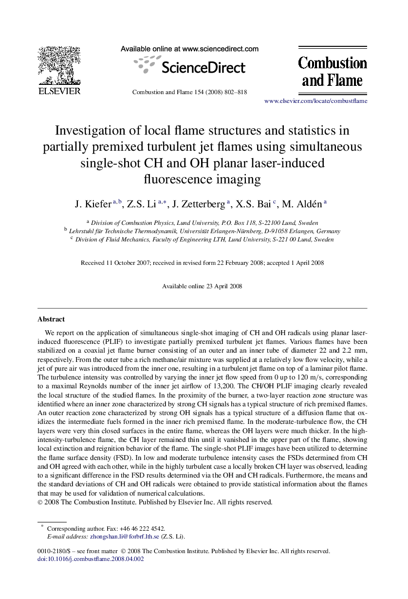 Investigation of local flame structures and statistics in partially premixed turbulent jet flames using simultaneous single-shot CH and OH planar laser-induced fluorescence imaging