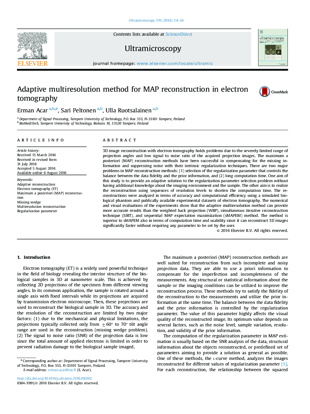 Adaptive multiresolution method for MAP reconstruction in electron tomography