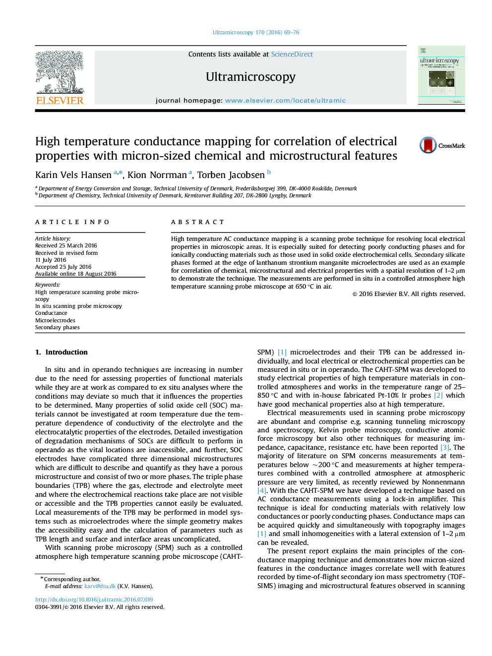 High temperature conductance mapping for correlation of electrical properties with micron-sized chemical and microstructural features