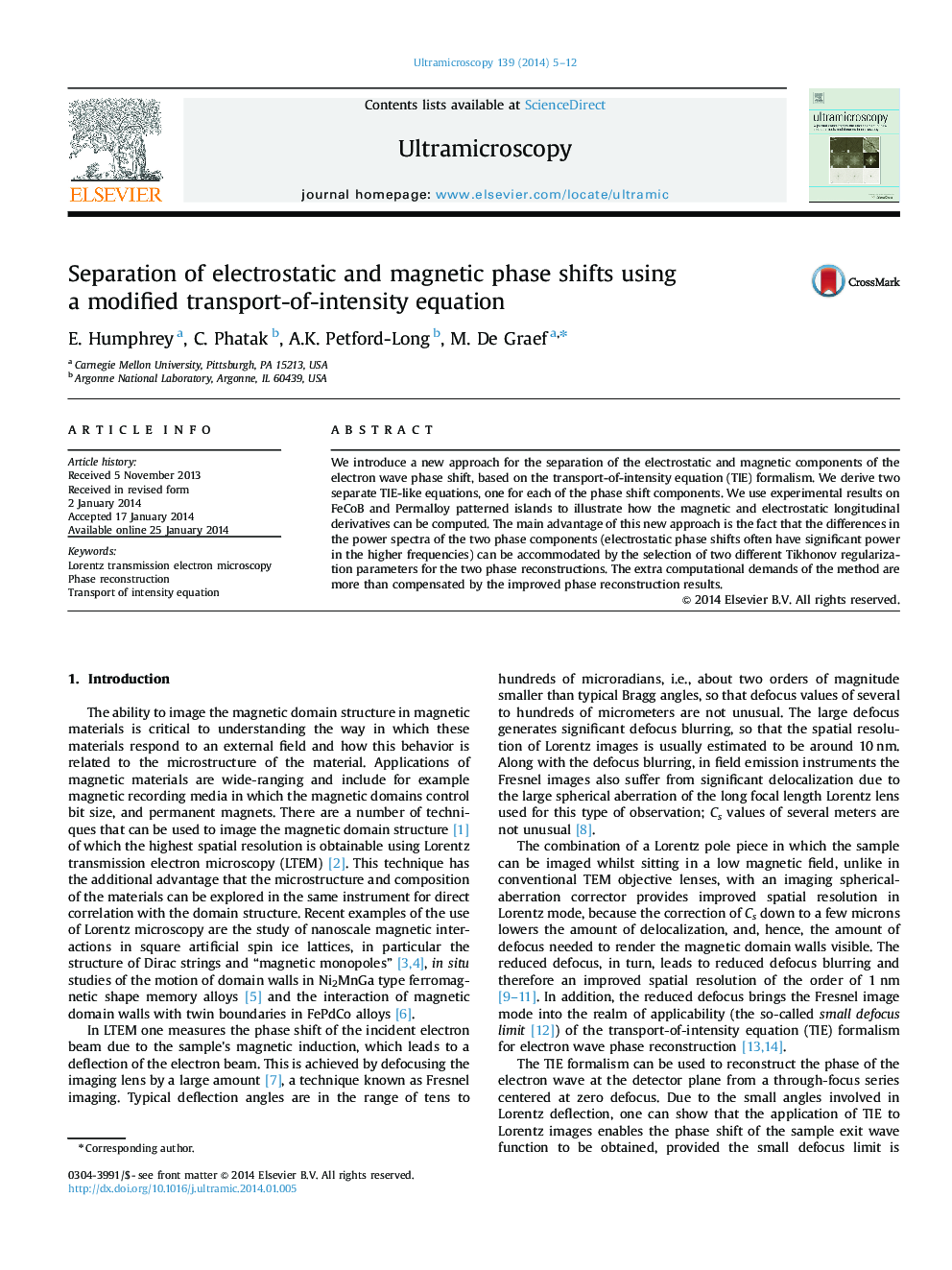 Separation of electrostatic and magnetic phase shifts using a modified transport-of-intensity equation