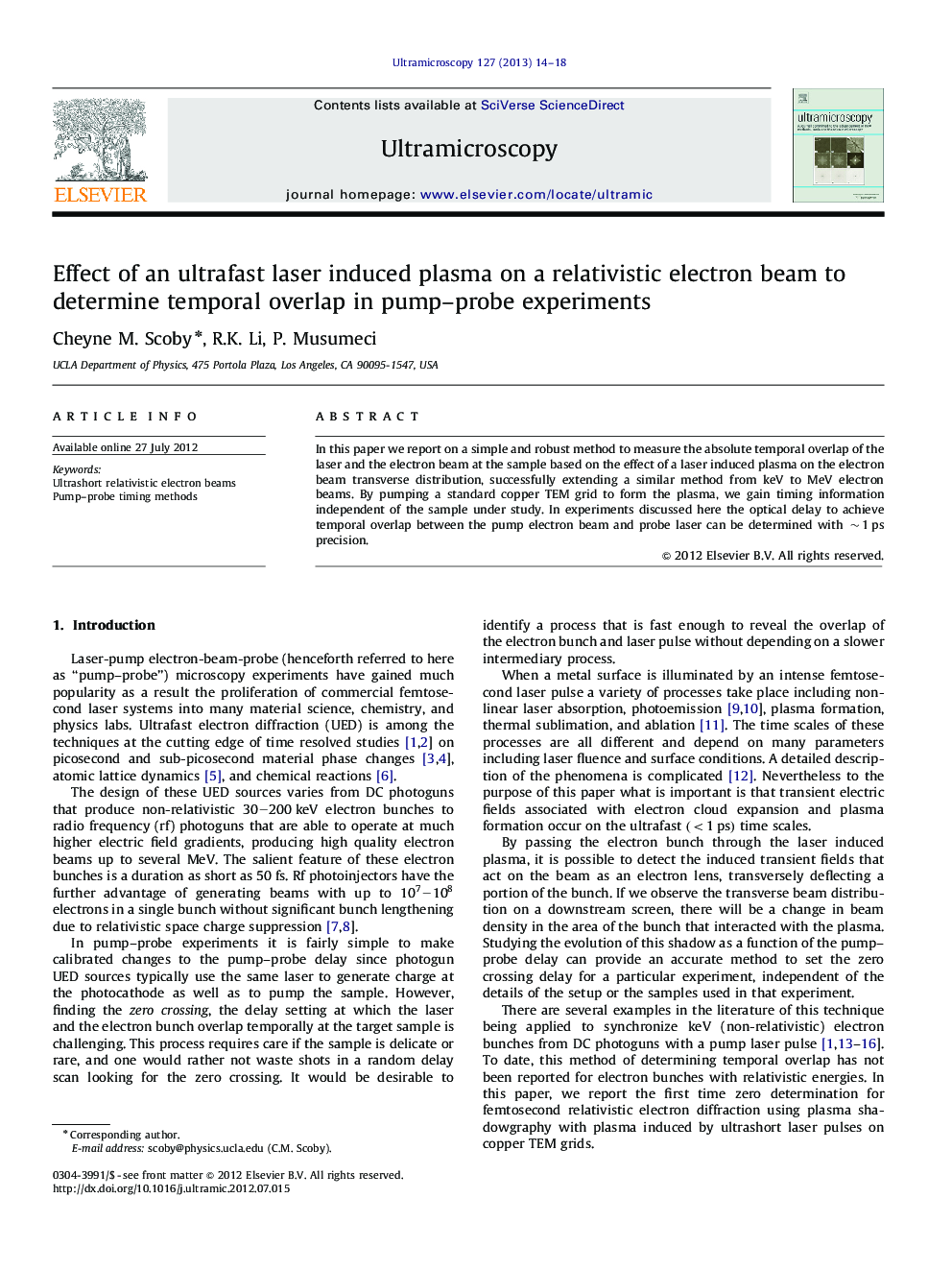 Effect of an ultrafast laser induced plasma on a relativistic electron beam to determine temporal overlap in pump–probe experiments