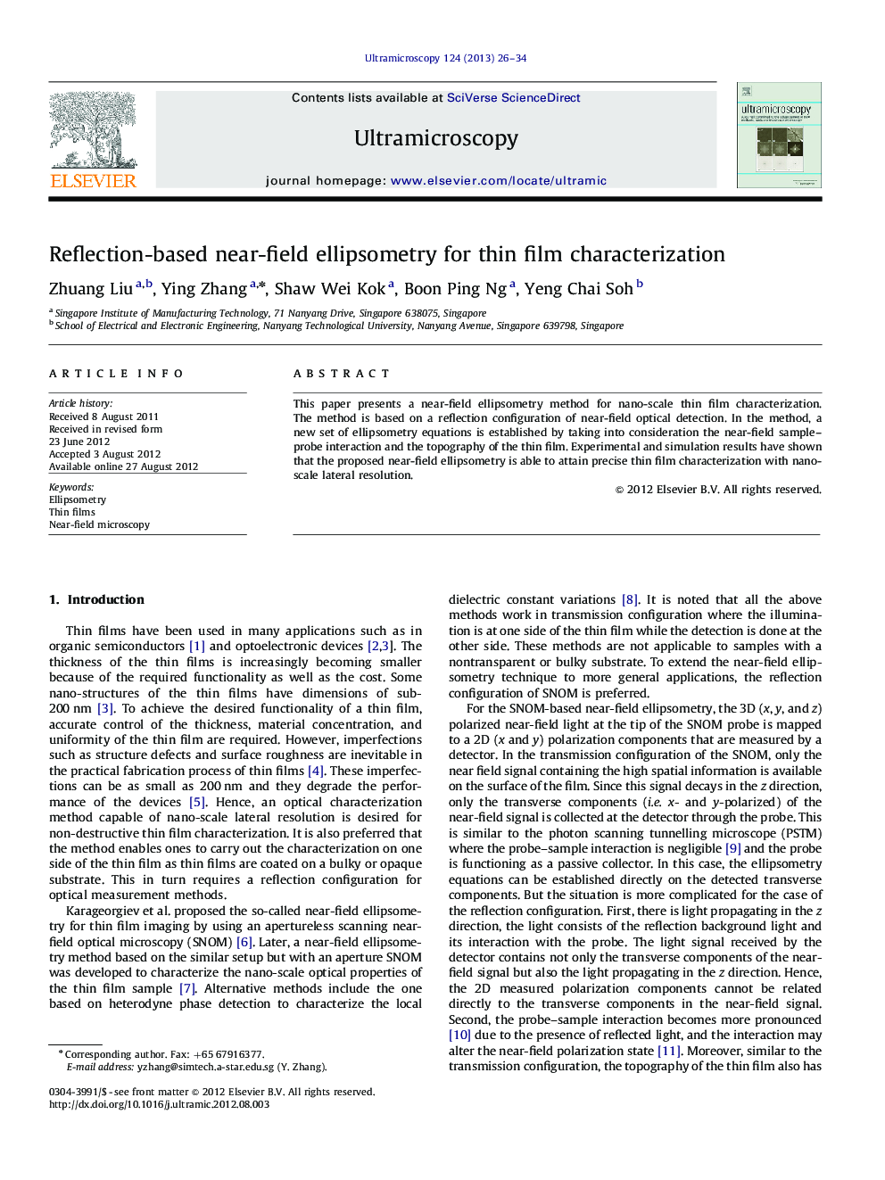 Reflection-based near-field ellipsometry for thin film characterization