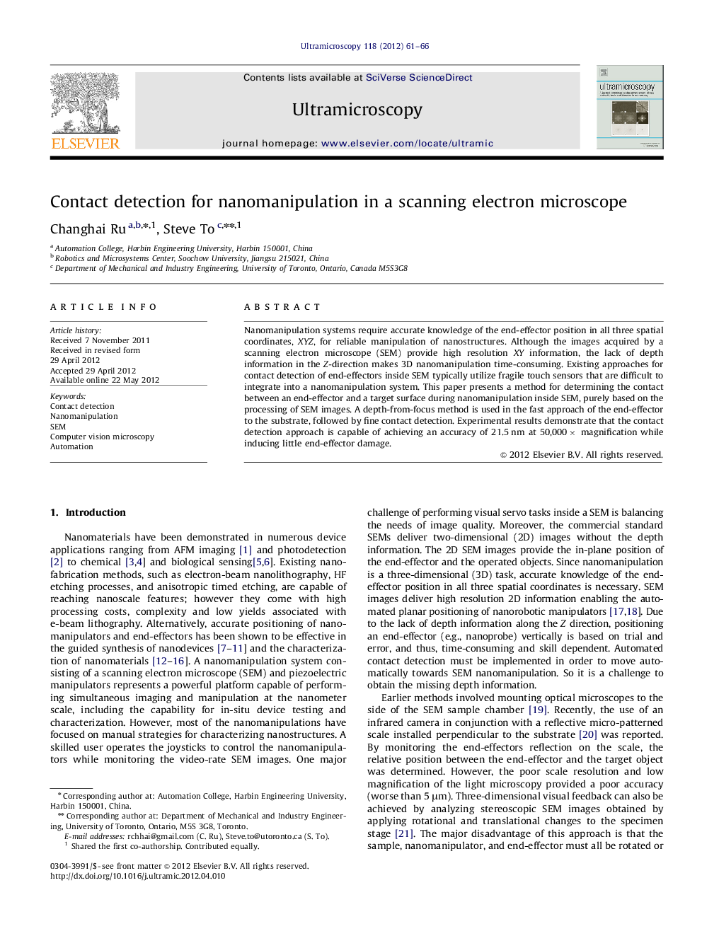 Contact detection for nanomanipulation in a scanning electron microscope