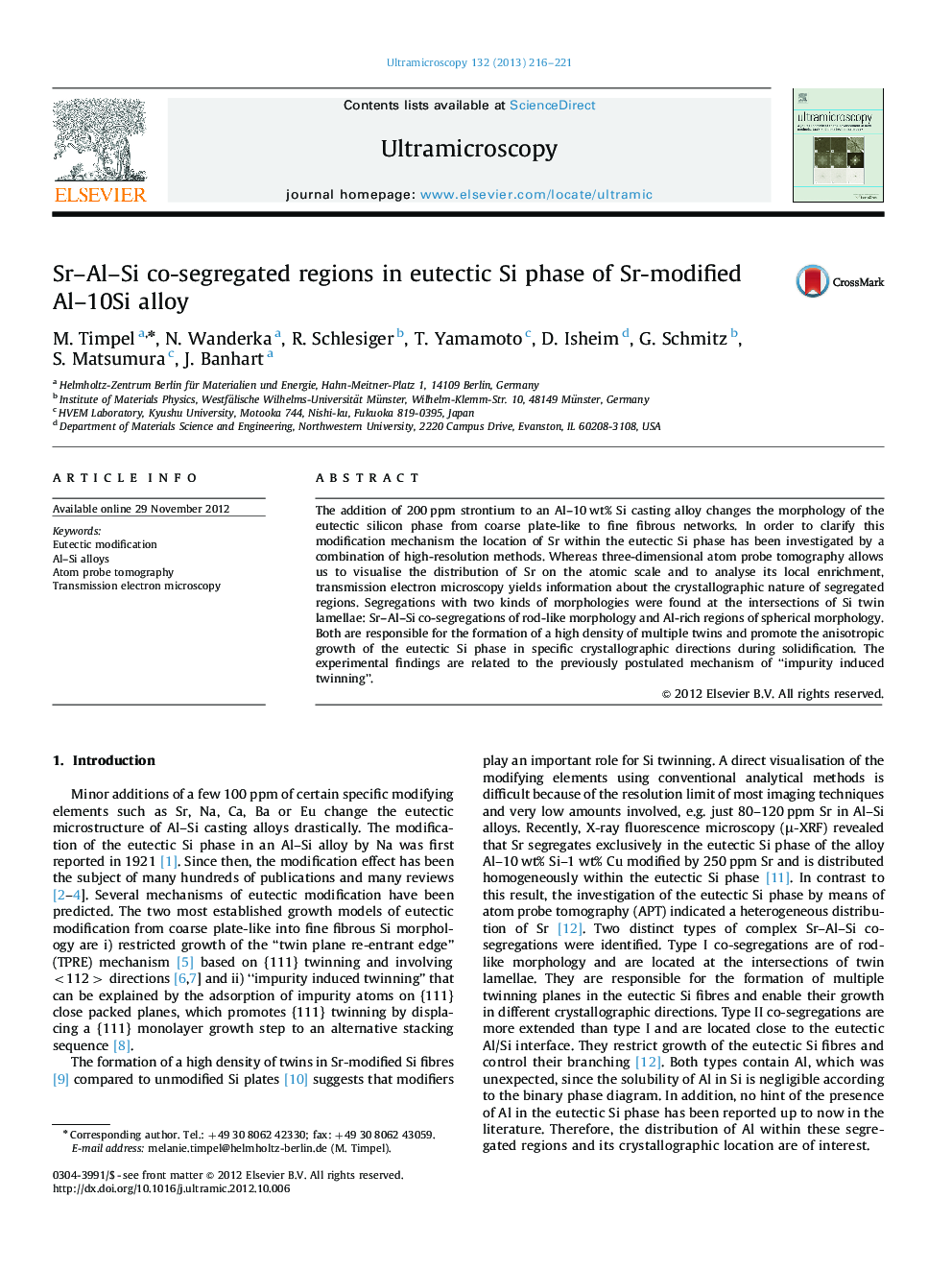 Sr–Al–Si co-segregated regions in eutectic Si phase of Sr-modified Al–10Si alloy