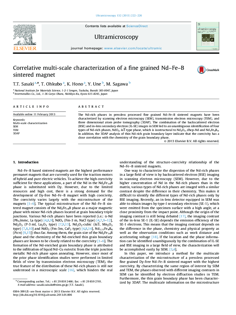 Correlative multi-scale characterization of a fine grained Nd–Fe–B sintered magnet