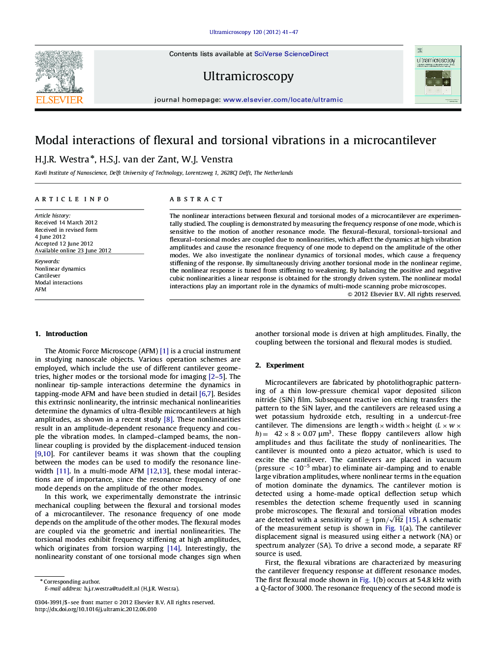 Modal interactions of flexural and torsional vibrations in a microcantilever