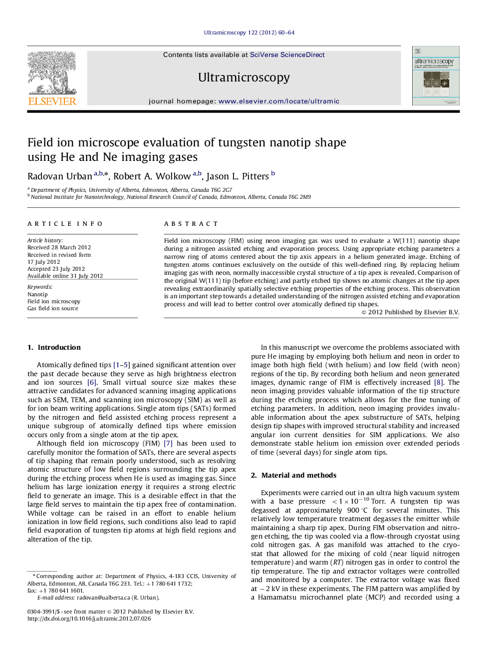 Field ion microscope evaluation of tungsten nanotip shape using He and Ne imaging gases