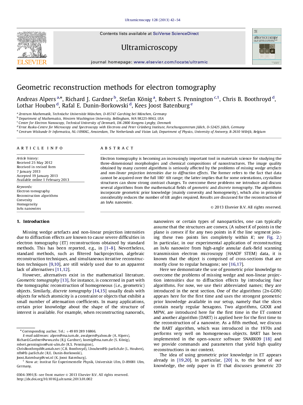 Geometric reconstruction methods for electron tomography