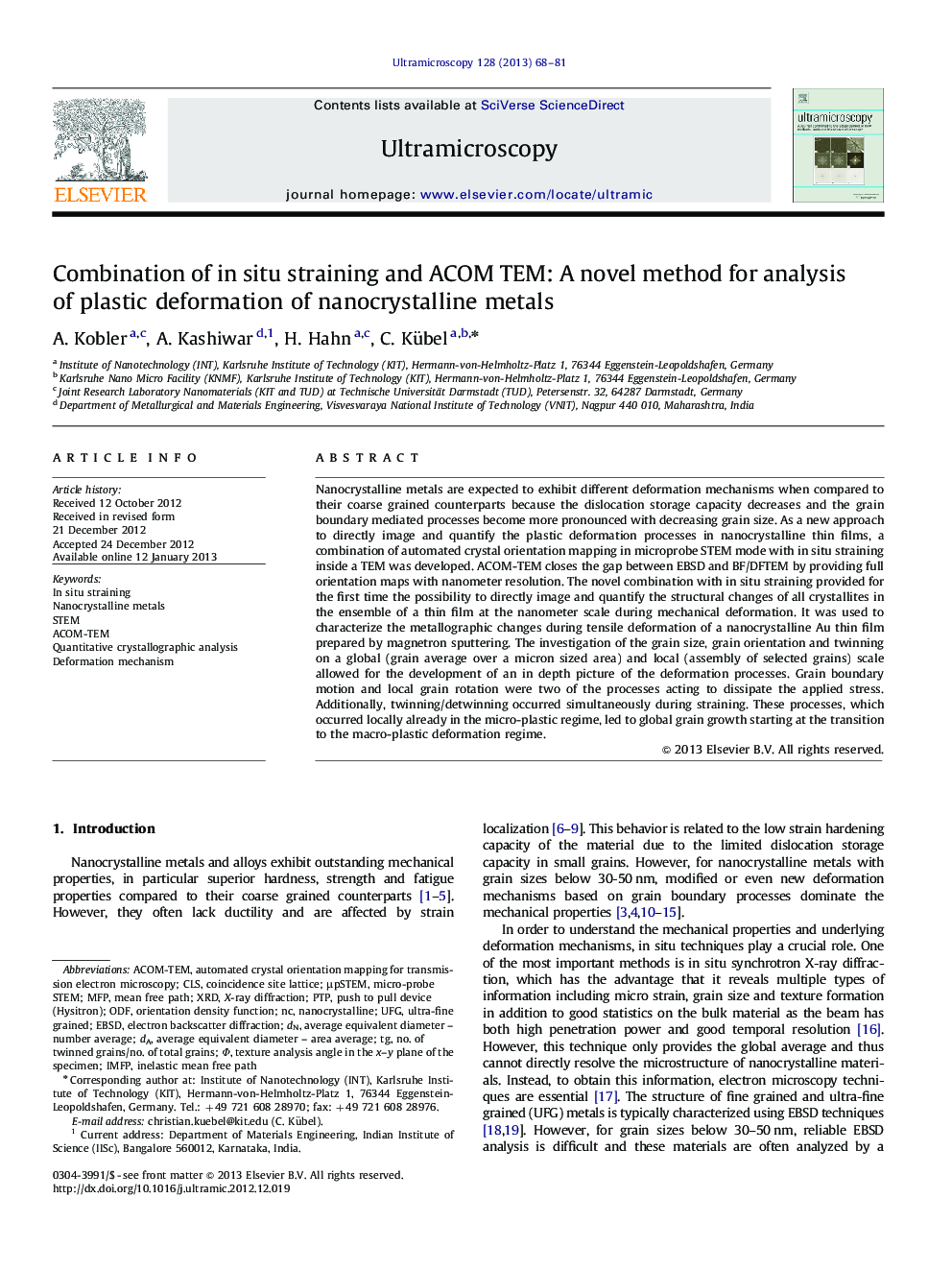 Combination of in situ straining and ACOM TEM: A novel method for analysis of plastic deformation of nanocrystalline metals